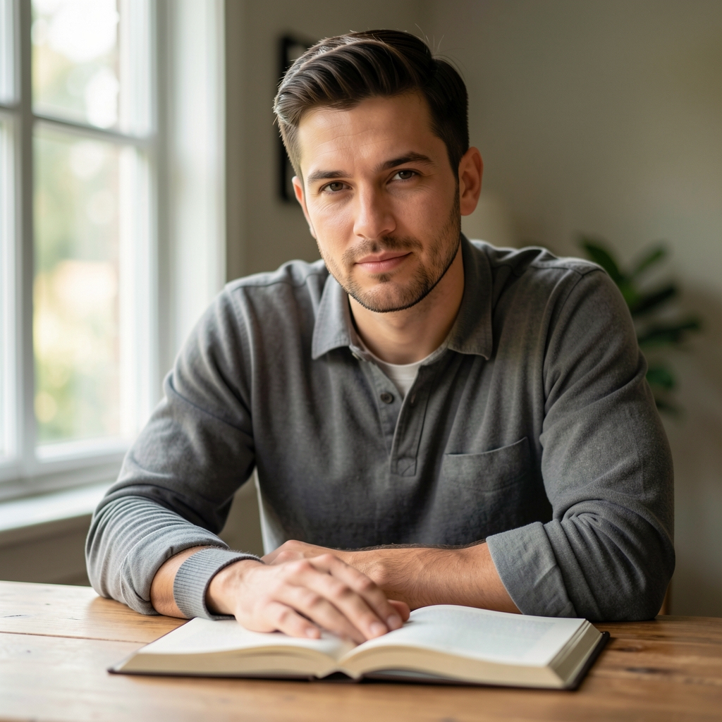 Male editorial portrait of a wellness writer at a wooden desk with an open journal and natural window light, thoughtful expression