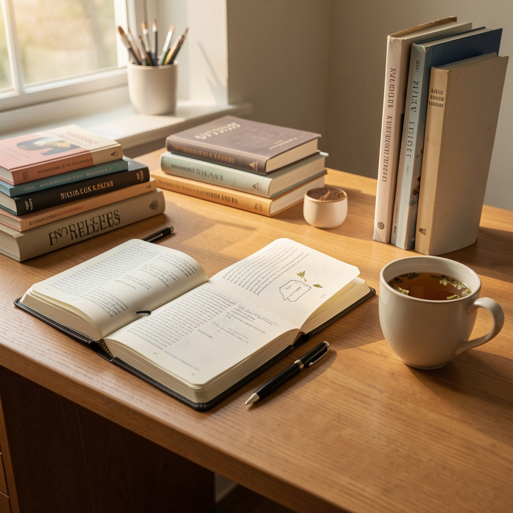 Editorial workspace photograph of a desk with open wellness journals, reference books and a cup of herbal tea in warm natural light