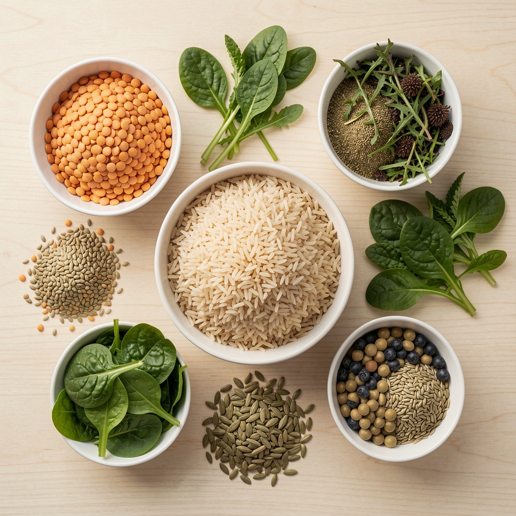 Overhead flat lay of colourful whole foods including brown rice, lentils, leafy greens and seeds arranged on a pale wooden surface in natural light