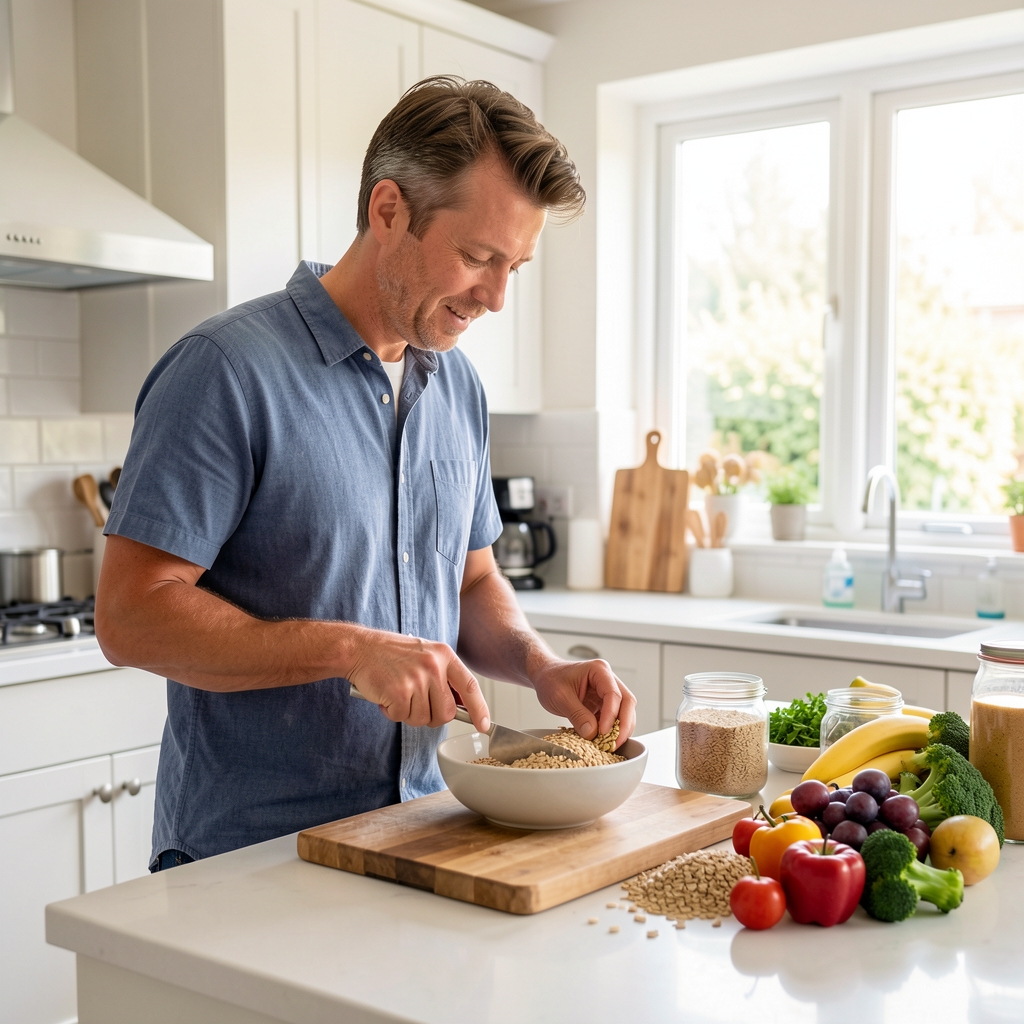 Man preparing a nutrient-dense morning meal in a bright open kitchen, whole grains and fresh produce on the counter, editorial daylight composition