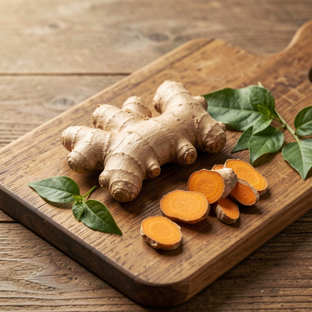 Close-up of dried ginger root, turmeric pieces and green leaves arranged on a wooden board with natural window light in an editorial flat lay composition