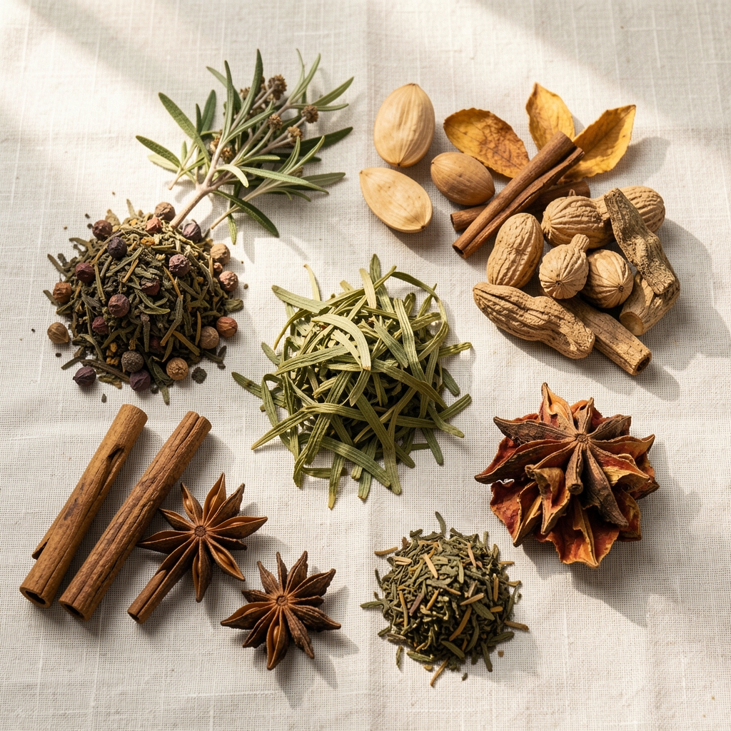 Selection of traditional Malaysian herbs and dried botanicals on a pale linen surface, flat lay editorial with natural morning light