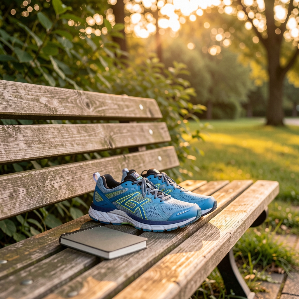 Running shoes and a small notebook placed on a wooden park bench at sunrise, editorial outdoor morning scene with soft warm light and green foliage background