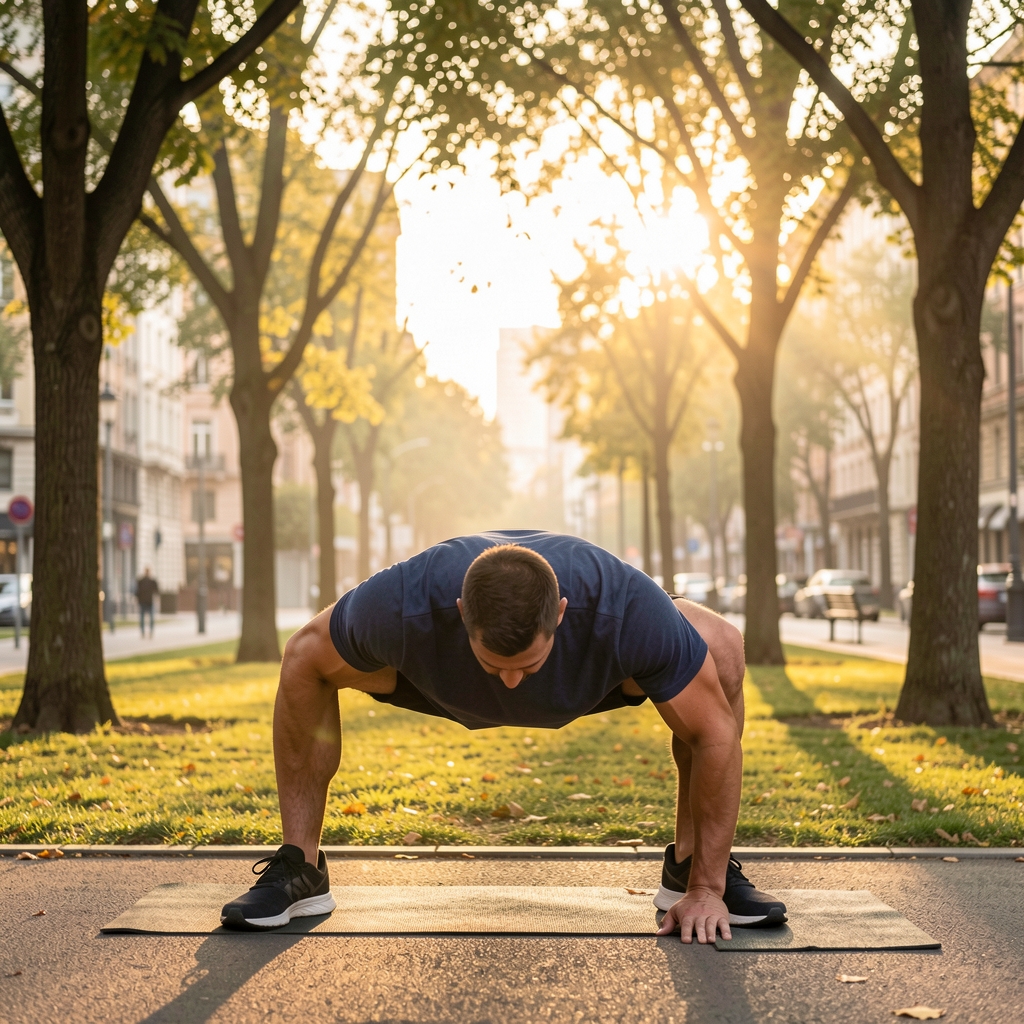 Man doing early morning bodyweight movement exercises in an urban park with trees and soft sunrise light, editorial outdoor scene