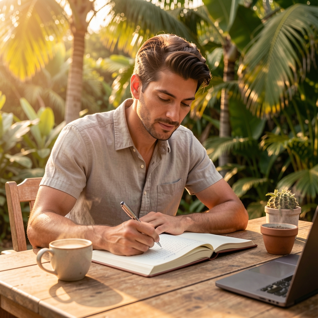 Active man journalling at a desk outdoors in warm tropical light, editorial composition with open notebook and morning coffee