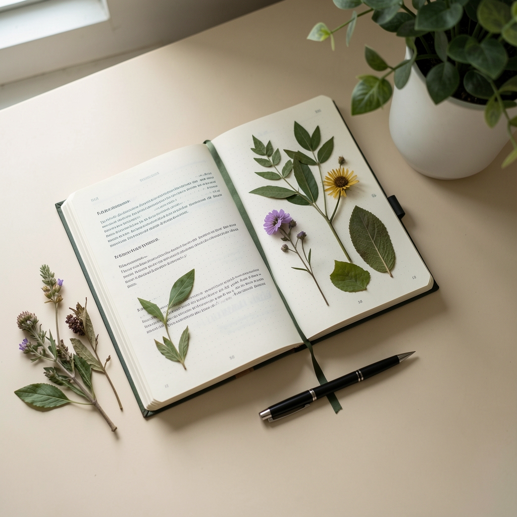 Open wellness journal beside botanical samples and a pen on a pale desk, editorial flat lay composition in natural Malaysian daylight